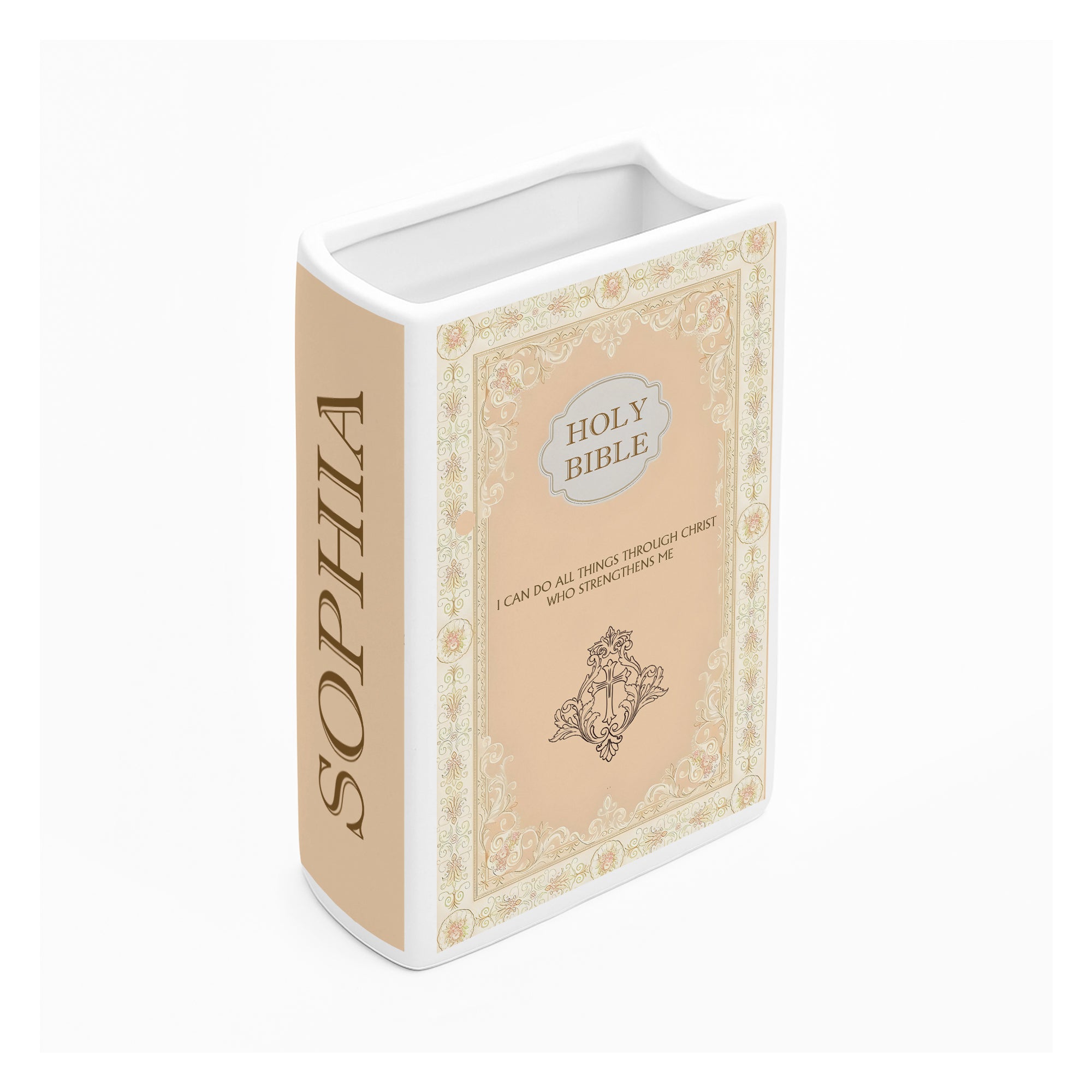 Personalized Holy Bible Book Vase, Ceramic Floral Book Decor with Scripture Verse, Christian Gift for Her CBLAF05